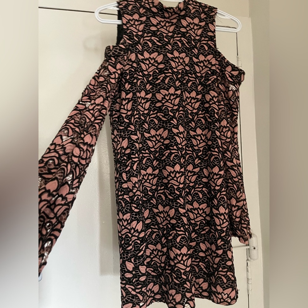Wayf Pink and Black Cold-Shoulder Lace Dress